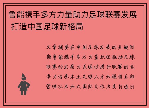 鲁能携手多方力量助力足球联赛发展 打造中国足球新格局
