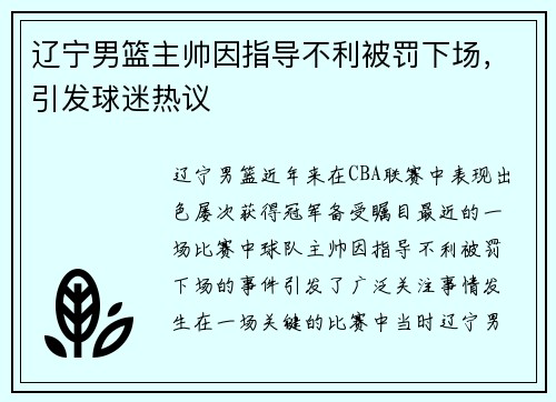 辽宁男篮主帅因指导不利被罚下场，引发球迷热议